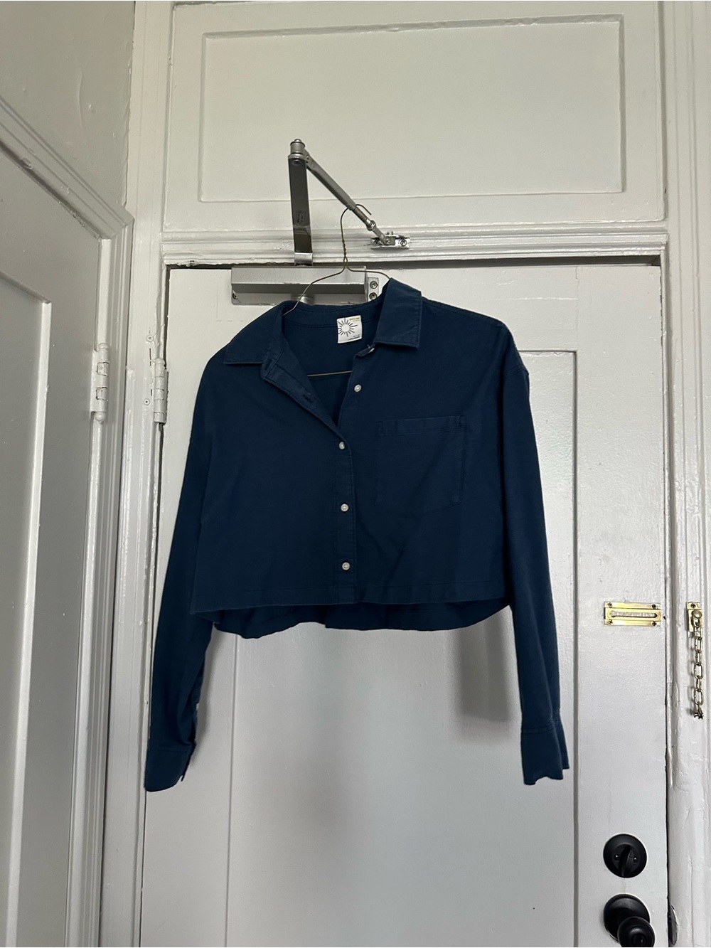 Cropped Button-Front Long Sleeve Top in Navy